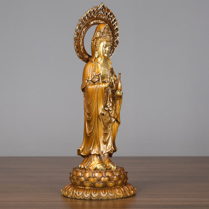Buddha Stones Kwan Yin Avalokitesvara Lotus Aura Succès Laiton Cuivre Statue Décoration de la Maison - image 1