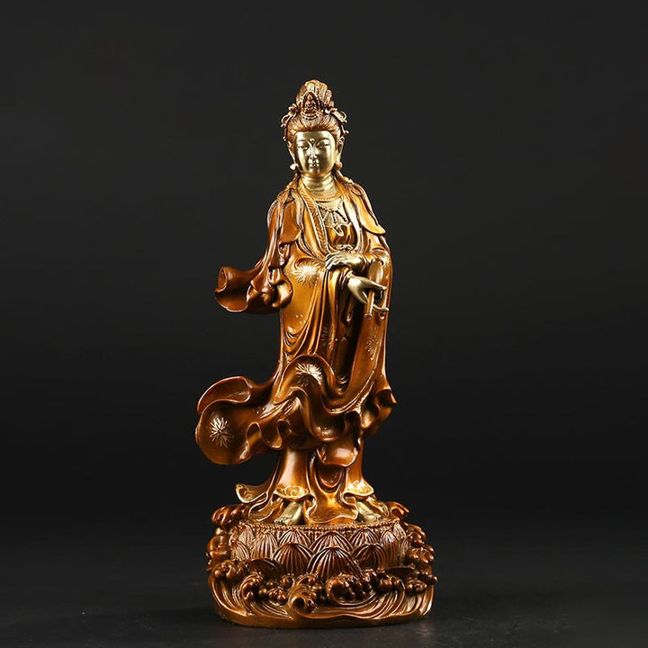 Buddha Stones Kwan Yin Avalokitesvara tenant un vase Statue en cuivre d'harmonie en laiton Décoration de la maison - Petit Avalokitesvara 11*9*25cm - image 1
