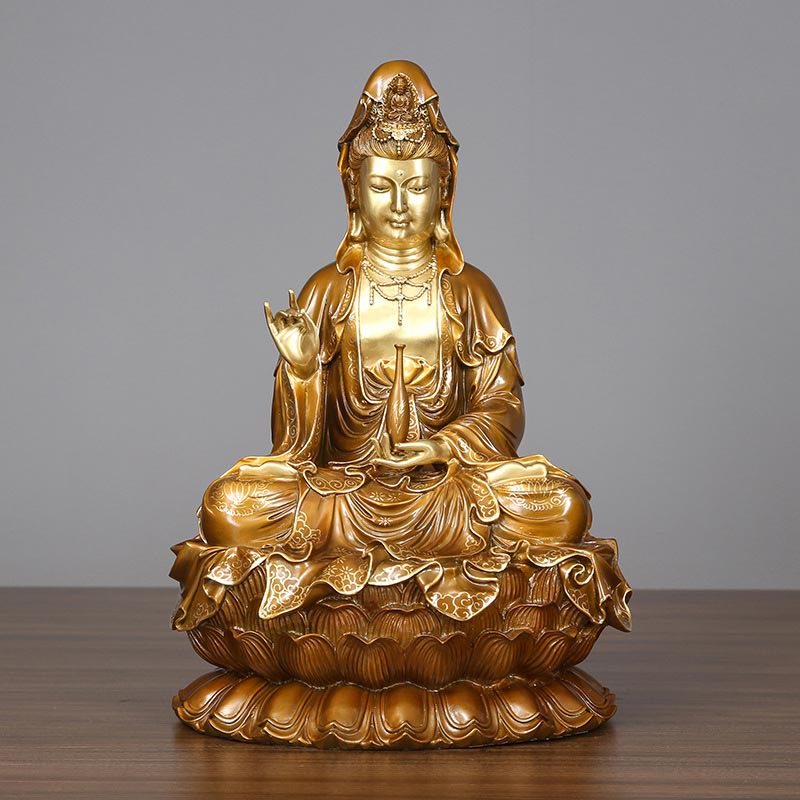 Buddha Stones Kwan Yin Avalokitesvara Lotus Assis Harmonie Laiton Cuivre Statue Décoration D'autel À La Maison - image 12