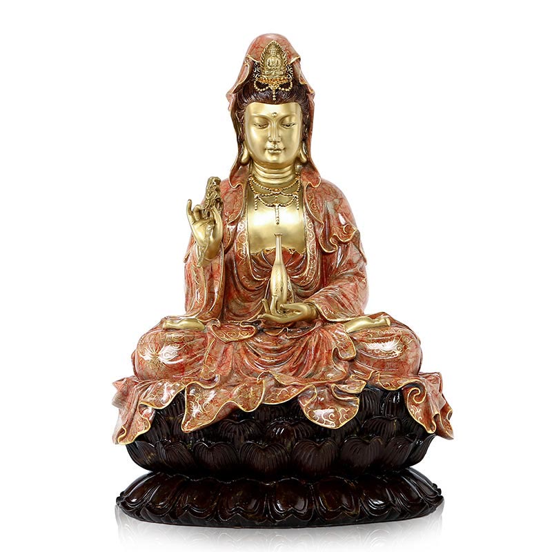 Buddha Stones Kwan Yin Avalokitesvara Lotus Assis Harmonie Laiton Cuivre Statue Décoration D'autel À La Maison - Avalokitesvara rose clair 27*25*41cm - image 17