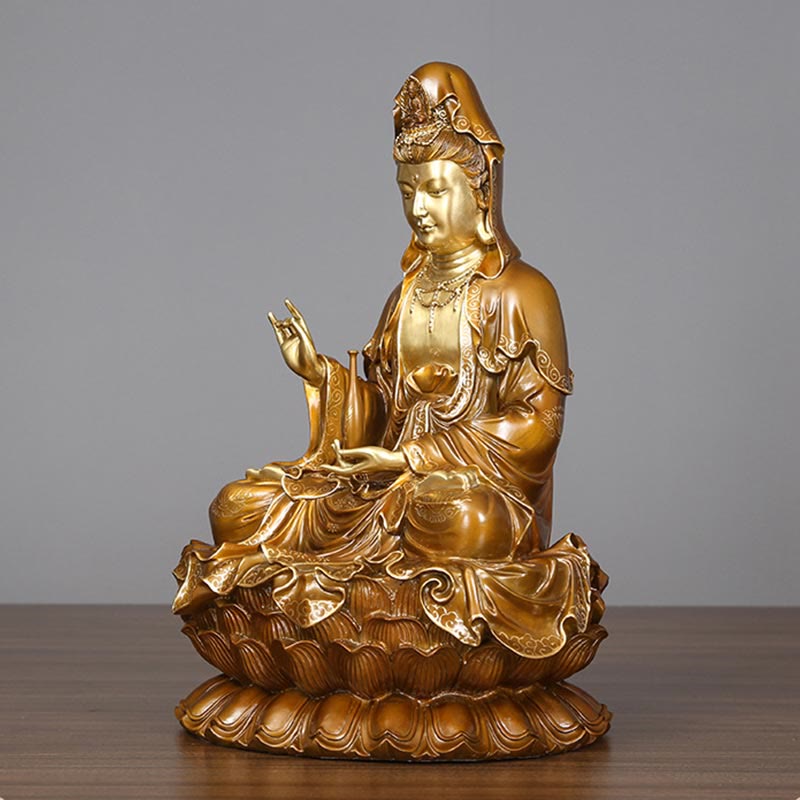 Buddha Stones Kwan Yin Avalokitesvara Lotus Assis Harmonie Laiton Cuivre Statue Décoration D'autel À La Maison - image 3