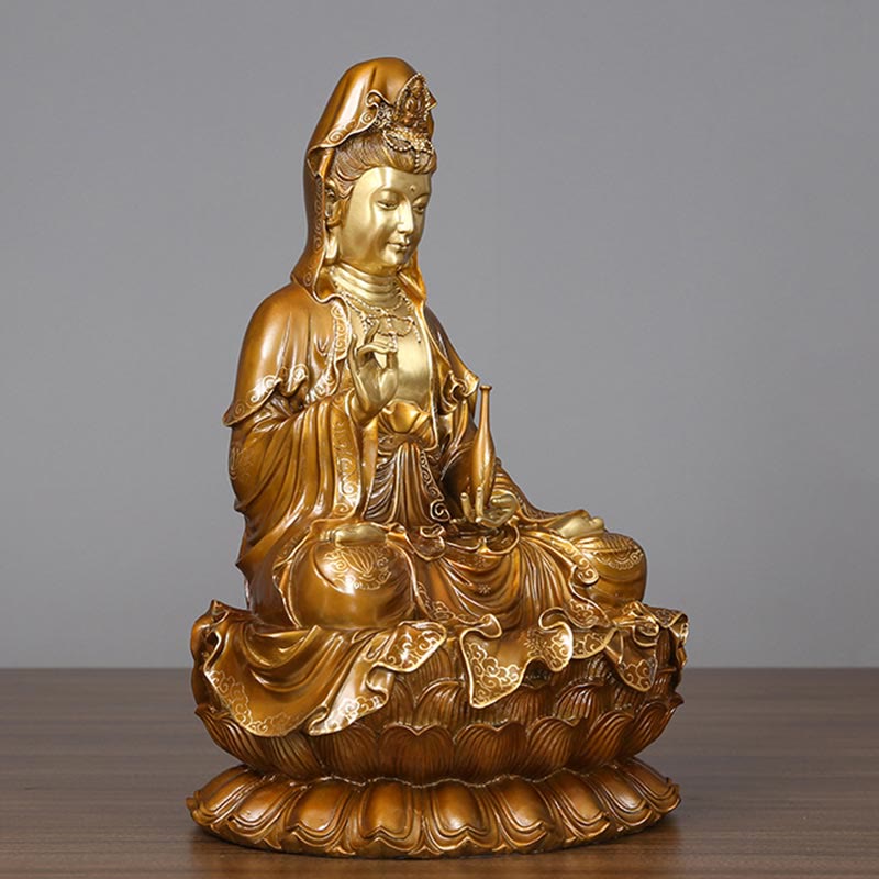 Buddha Stones Kwan Yin Avalokitesvara Lotus Assis Harmonie Laiton Cuivre Statue Décoration D'autel À La Maison - image 1