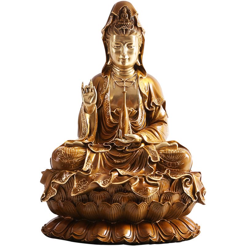 Buddha Stones Kwan Yin Avalokitesvara Lotus Assis Harmonie Laiton Cuivre Statue Décoration D'autel À La Maison - image 16