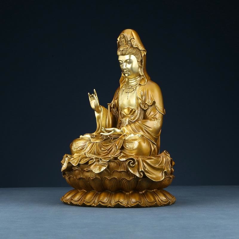 Buddha Stones Kwan Yin Avalokitesvara Lotus Assis Harmonie Laiton Cuivre Statue Décoration D'autel À La Maison - image 14