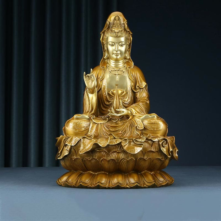 Buddha Stones Kwan Yin Avalokitesvara Lotus Assis Harmonie Laiton Cuivre Statue Décoration D'autel À La Maison - Avalokitesvara doré 27*25*41cm - image 0