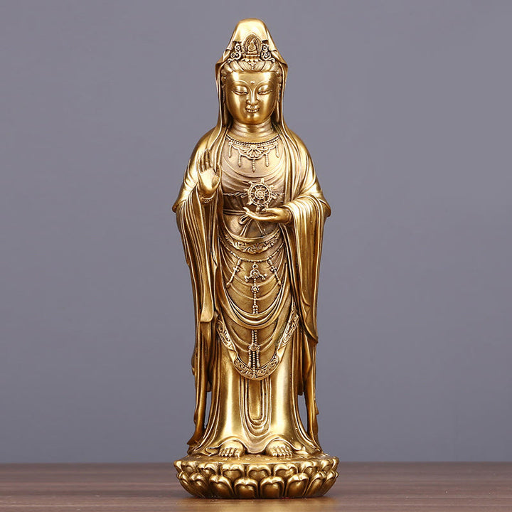 Buddha Stones Kwan Yin Avalokitesvara tenant la roue du Dharma Richesse Laiton Cuivre Statue Décoration