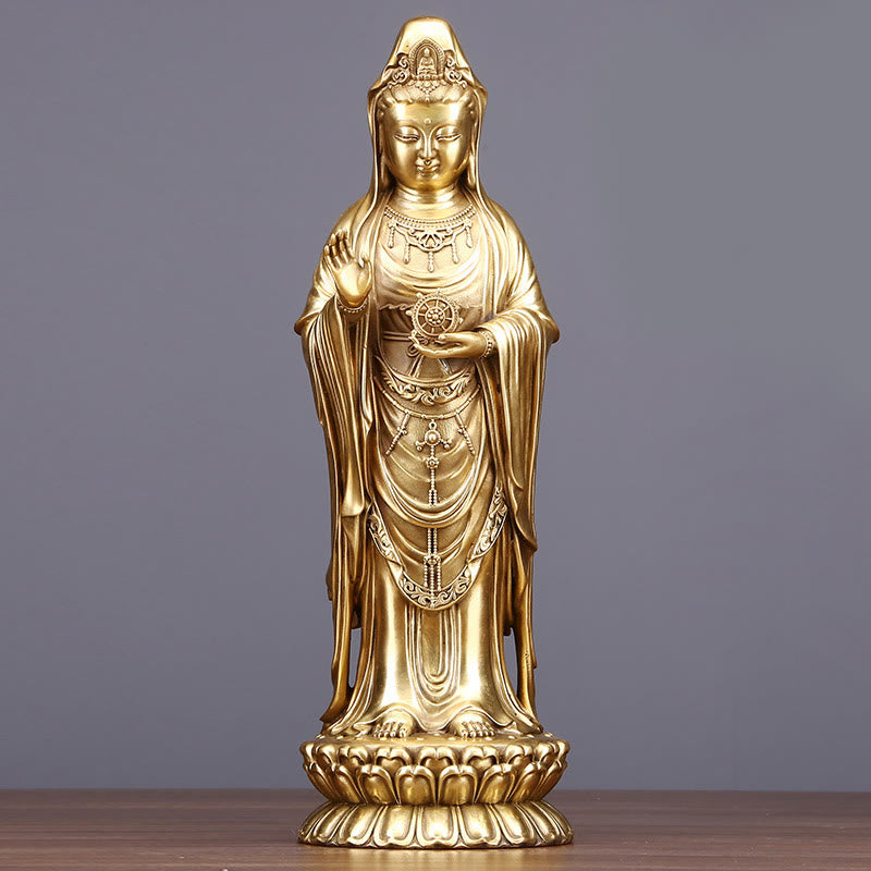 Buddha Stones Kwan Yin Avalokitesvara tenant la roue du Dharma Richesse Laiton Cuivre Statue Décoration