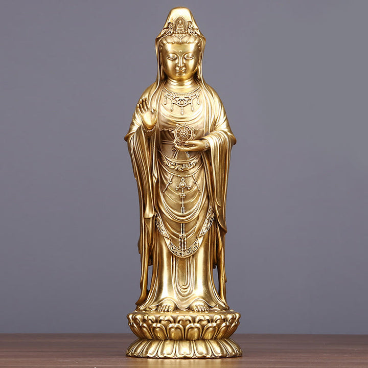Buddha Stones Kwan Yin Avalokitesvara tenant la roue du Dharma Richesse Laiton Cuivre Statue Décoration