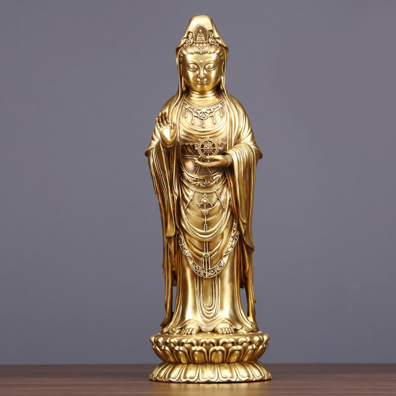 Buddha Stones Kwan Yin Avalokitesvara tenant la roue du Dharma Richesse Laiton Cuivre Statue Décoration