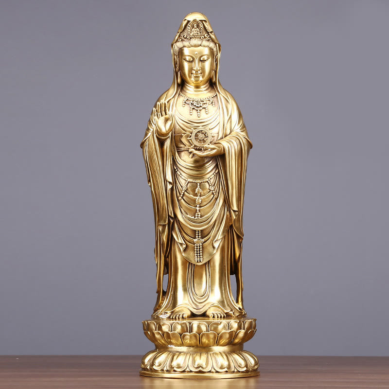 Buddha Stones Kwan Yin Avalokitesvara tenant la roue du Dharma Richesse Laiton Cuivre Statue Décoration