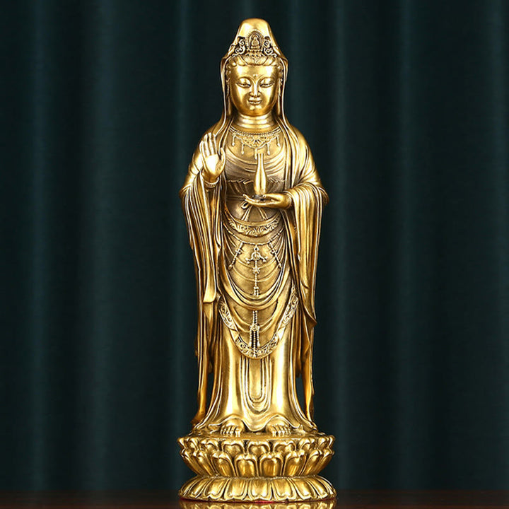 Buddha Stones Kwan Yin Avalokitesvara tenant la roue du Dharma Richesse Laiton Cuivre Statue Décoration - image 0