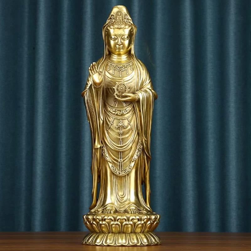 Buddha Stones Kwan Yin Avalokitesvara tenant la roue du Dharma Richesse Laiton Cuivre Statue Décoration