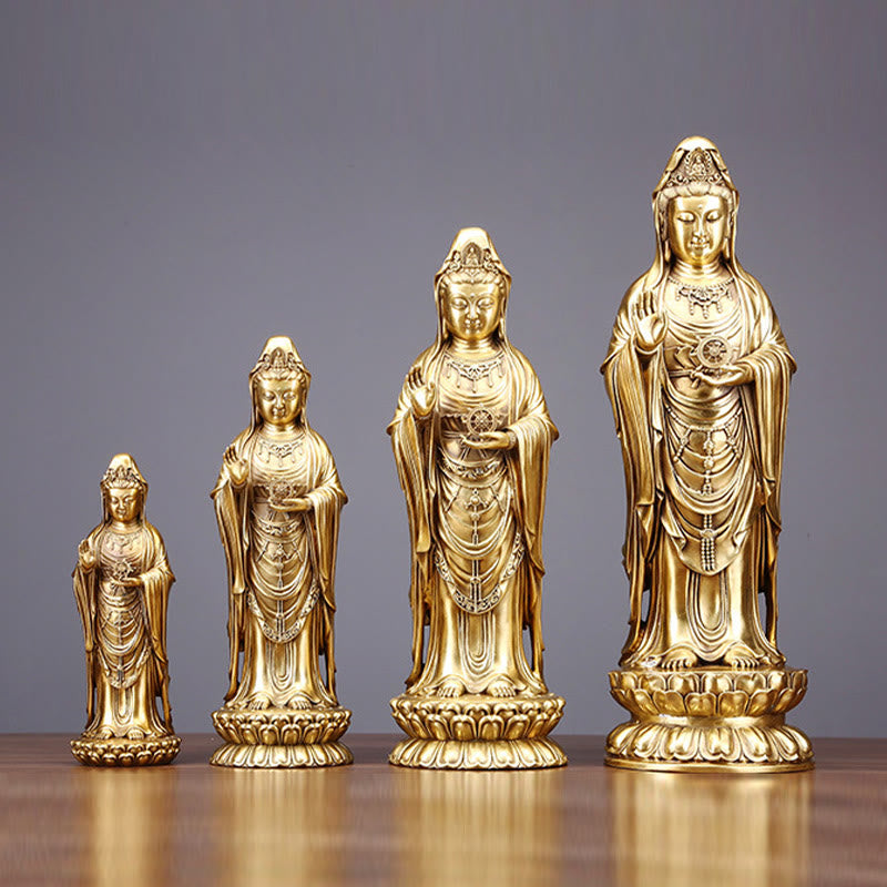 Buddha Stones Kwan Yin Avalokitesvara tenant la roue du Dharma Richesse Laiton Cuivre Statue Décoration - image 1