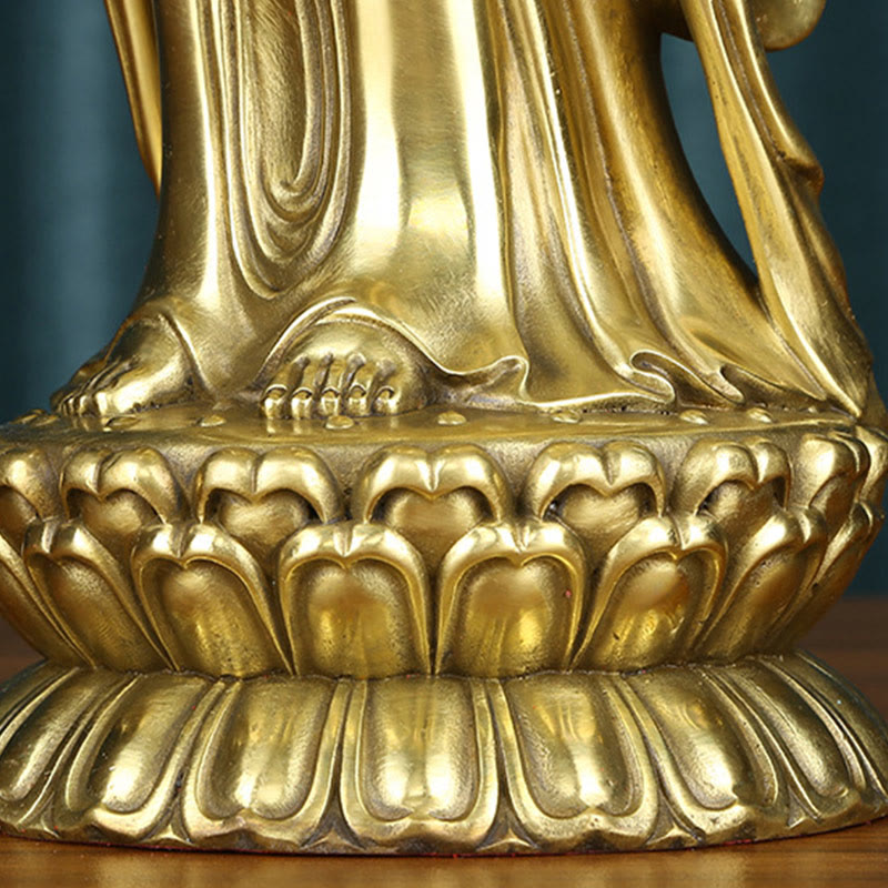 Buddha Stones Kwan Yin Avalokitesvara tenant la roue du Dharma Richesse Laiton Cuivre Statue Décoration