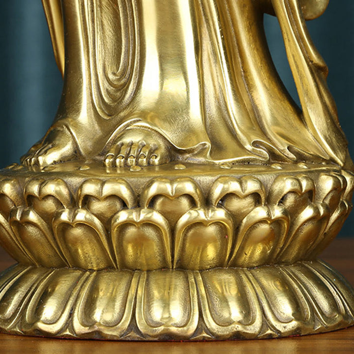 Buddha Stones Kwan Yin Avalokitesvara tenant la roue du Dharma Richesse Laiton Cuivre Statue Décoration