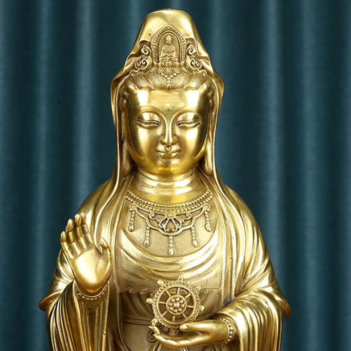 Buddha Stones Kwan Yin Avalokitesvara tenant la roue du Dharma Richesse Laiton Cuivre Statue Décoration - image 12