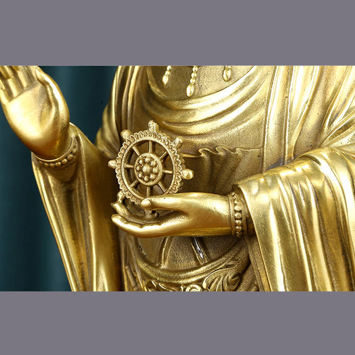 Buddha Stones Kwan Yin Avalokitesvara tenant la roue du Dharma Richesse Laiton Cuivre Statue Décoration