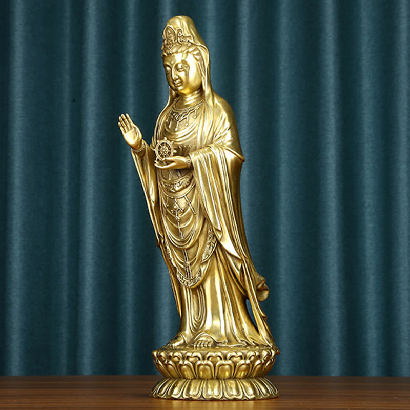 Buddha Stones Kwan Yin Avalokitesvara tenant la roue du Dharma Richesse Laiton Cuivre Statue Décoration