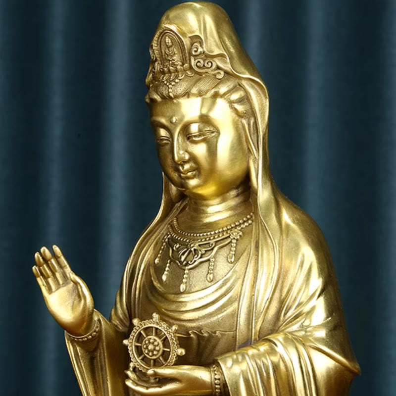 Buddha Stones Kwan Yin Avalokitesvara tenant la roue du Dharma Richesse Laiton Cuivre Statue Décoration