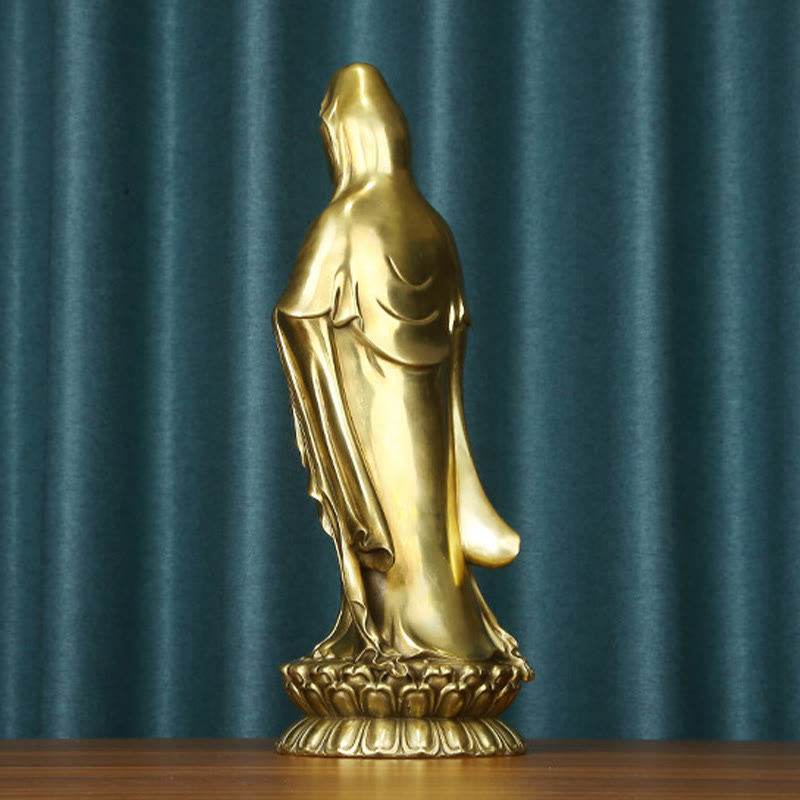 Buddha Stones Kwan Yin Avalokitesvara tenant la roue du Dharma Richesse Laiton Cuivre Statue Décoration