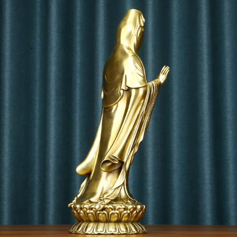 Buddha Stones Kwan Yin Avalokitesvara tenant la roue du Dharma Richesse Laiton Cuivre Statue Décoration