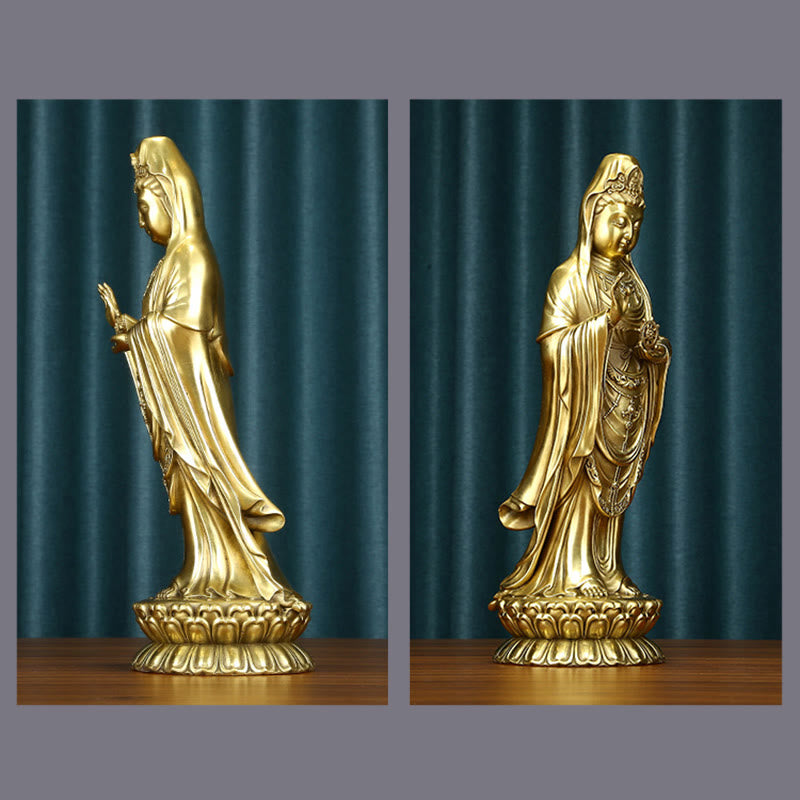 Buddha Stones Kwan Yin Avalokitesvara tenant la roue du Dharma Richesse Laiton Cuivre Statue Décoration