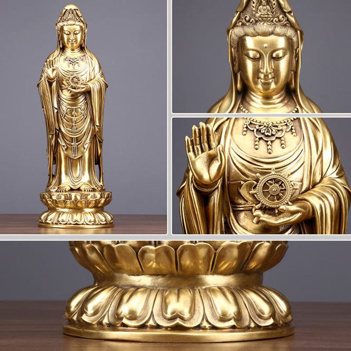 Buddha Stones Kwan Yin Avalokitesvara tenant la roue du Dharma Richesse Laiton Cuivre Statue Décoration