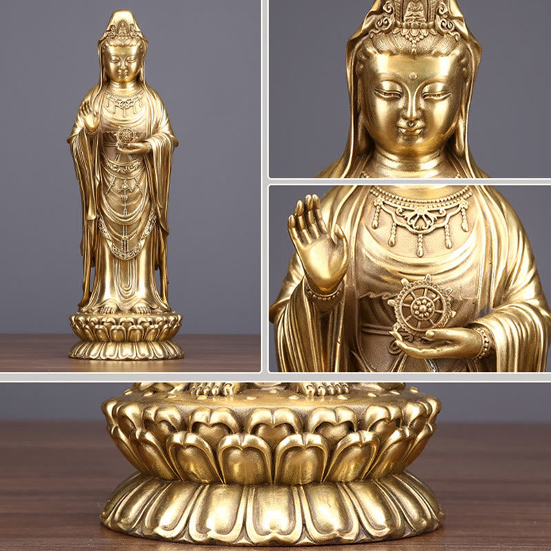 Buddha Stones Kwan Yin Avalokitesvara tenant la roue du Dharma Richesse Laiton Cuivre Statue Décoration