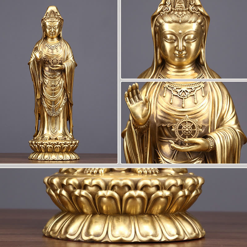 Buddha Stones Kwan Yin Avalokitesvara tenant la roue du Dharma Richesse Laiton Cuivre Statue Décoration