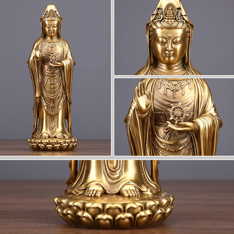 Buddha Stones Kwan Yin Avalokitesvara tenant la roue du Dharma Richesse Laiton Cuivre Statue Décoration