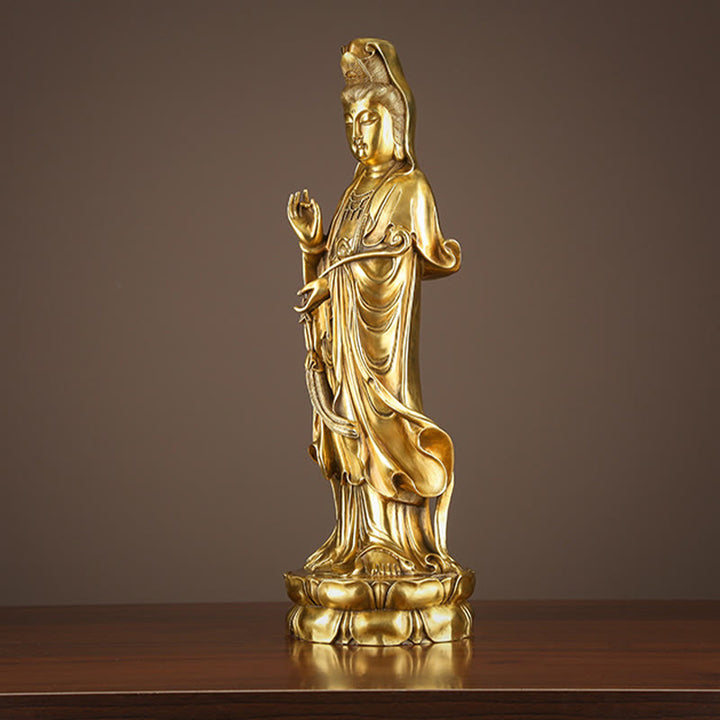 Buddha Stones Kwan Yin Avalokitesvara tenant la roue du Dharma Richesse Laiton Cuivre Statue Décoration