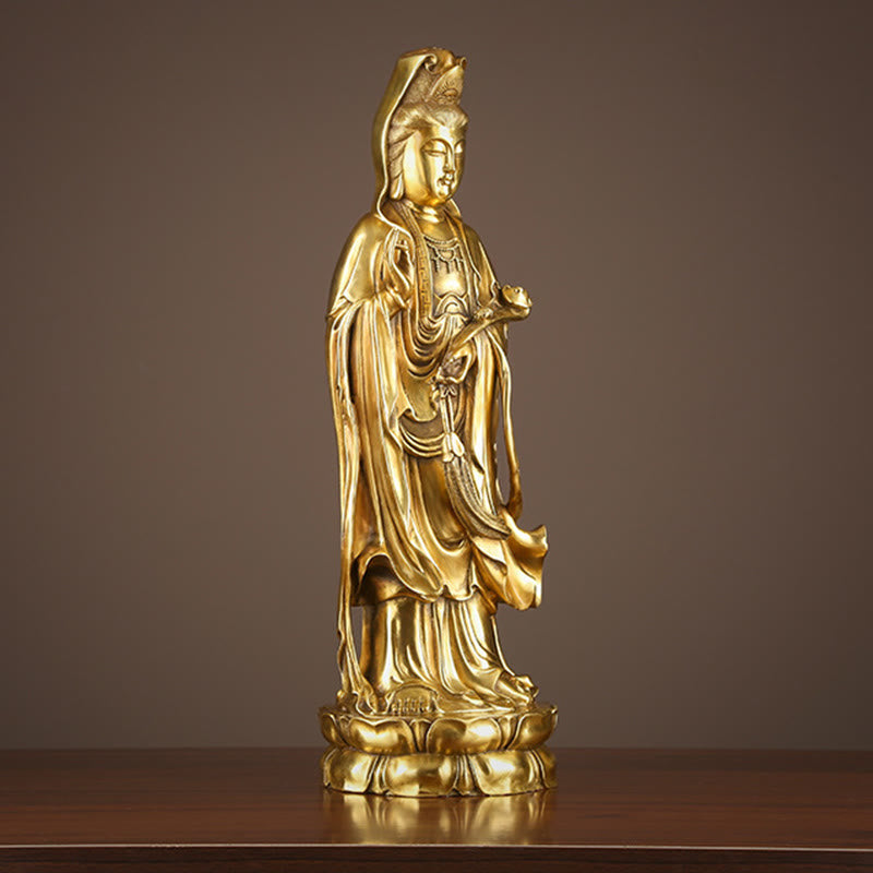 Buddha Stones Kwan Yin Avalokitesvara tenant la roue du Dharma Richesse Laiton Cuivre Statue Décoration