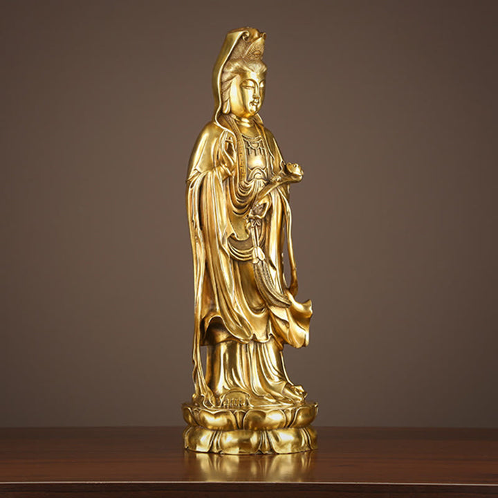 Buddha Stones Kwan Yin Avalokitesvara tenant la roue du Dharma Richesse Laiton Cuivre Statue Décoration
