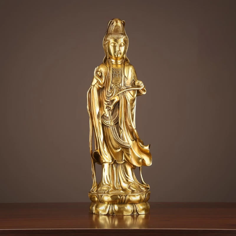 Buddha Stones Kwan Yin Avalokitesvara tenant la roue du Dharma Richesse Laiton Cuivre Statue Décoration