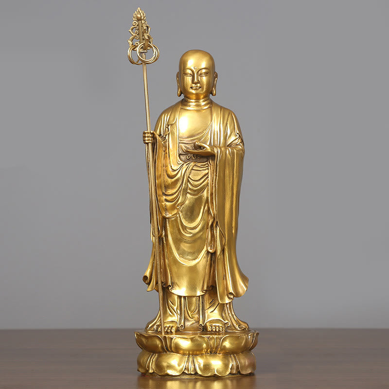 Buddha Stones Ksitigarbha Bodhisattva Figurine Compassion Statue en cuivre Offrande à la maison Décoration - Ksitigarbha Bodhisattva 13*31,5 cm - image 10