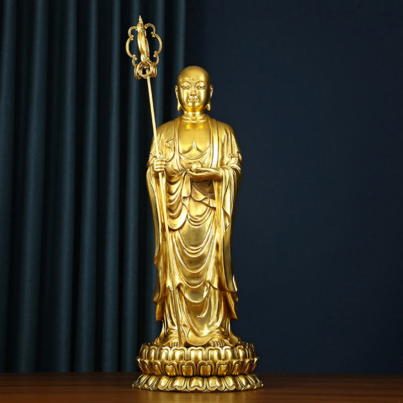 Buddha Stones Ksitigarbha Bodhisattva Figurine Compassion Statue en cuivre Offrande à la maison Décoration - image 0