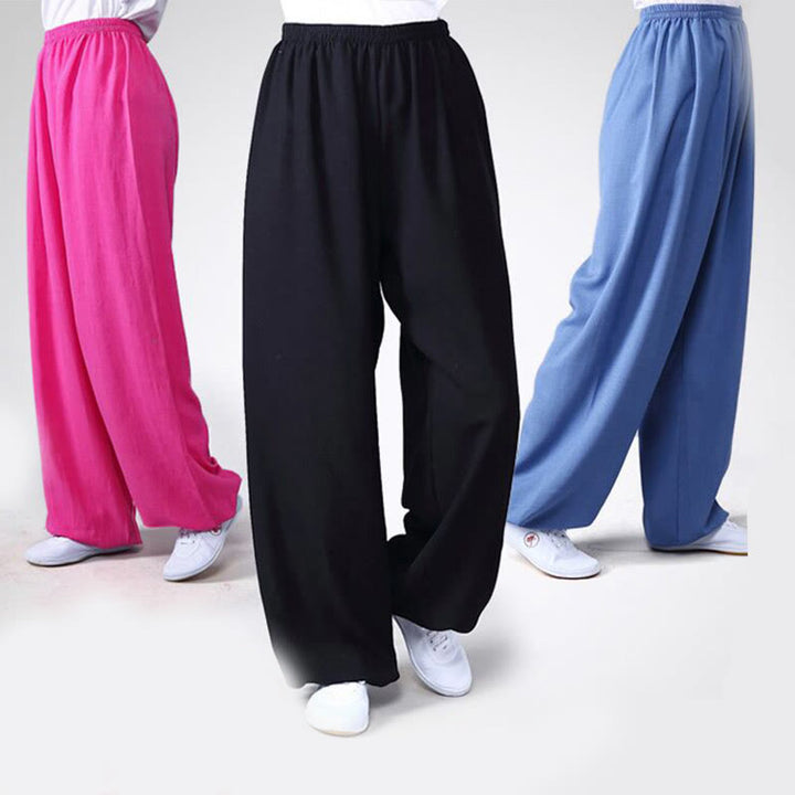 Pantalon d'été en coton et lin unisexe avec taille élastique et Buddha Stones pour la pratique du Tai Chi et du Qigong