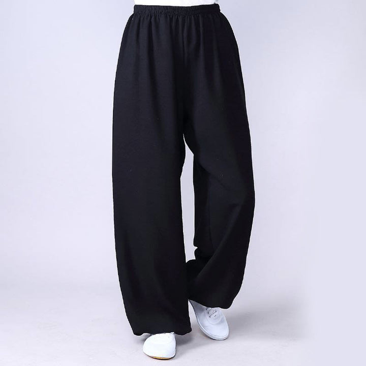 Pantalon d'été en coton et lin unisexe avec taille élastique et Buddha Stones pour la pratique du Tai Chi et du Qigong