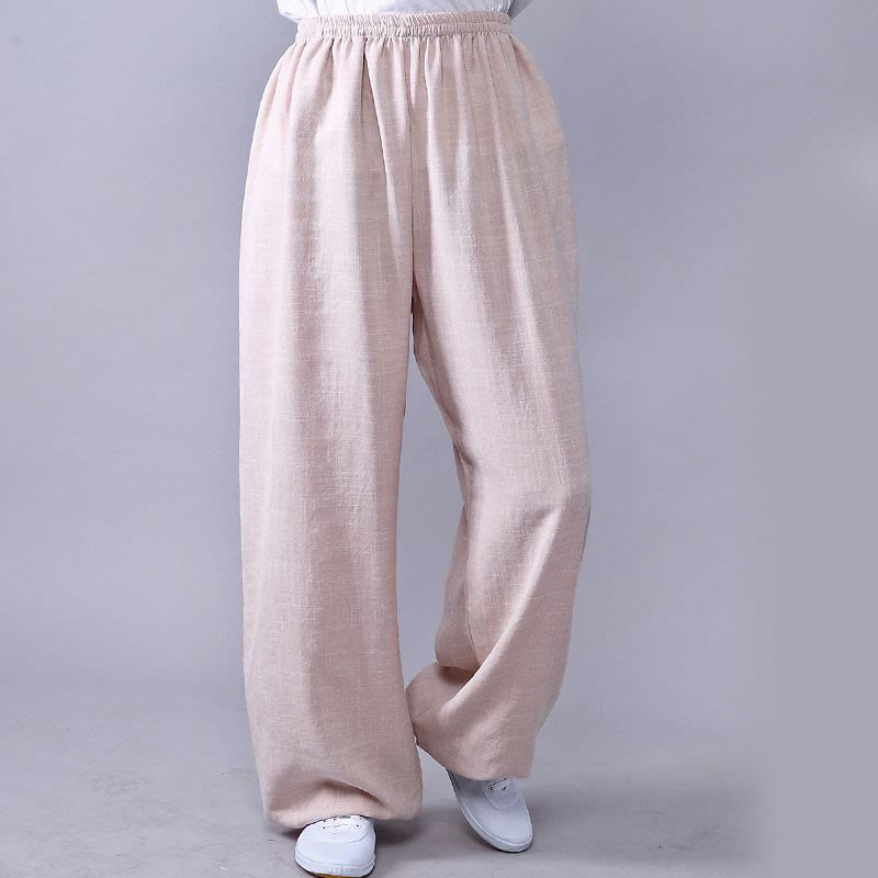 Pantalon d'été en coton et lin unisexe avec taille élastique et Buddha Stones pour la pratique du Tai Chi et du Qigong