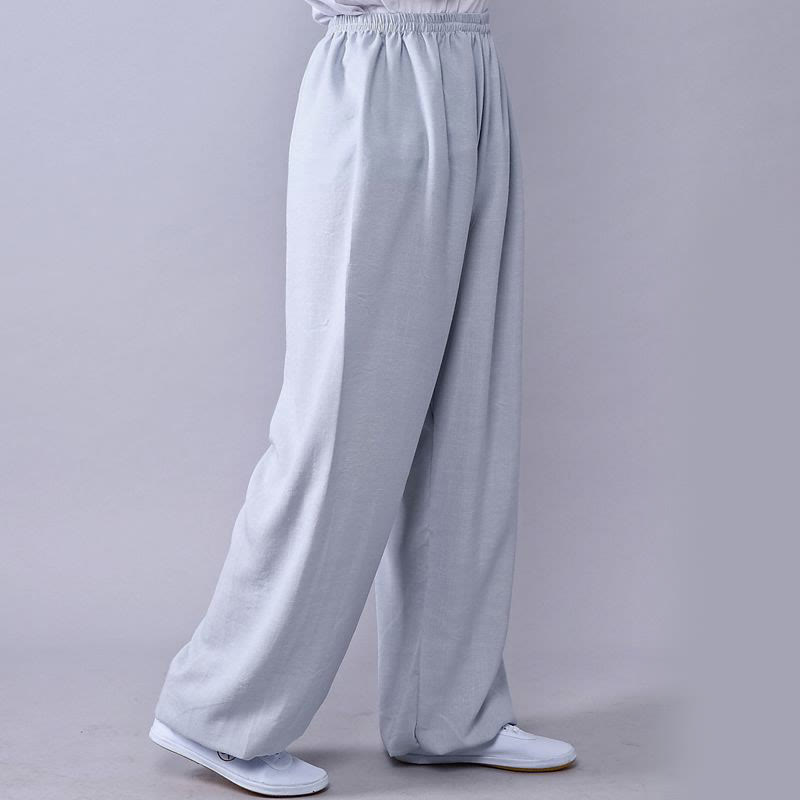 Pantalon d'été en coton et lin unisexe avec taille élastique et Buddha Stones pour la pratique du Tai Chi et du Qigong