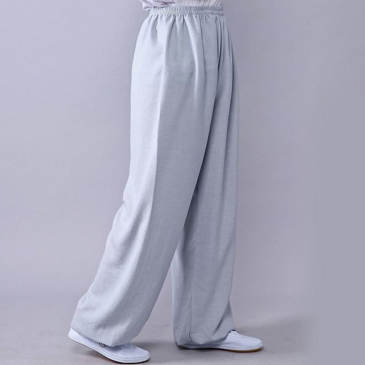Pantalon d'été en coton et lin unisexe avec taille élastique et Buddha Stones pour la pratique du Tai Chi et du Qigong