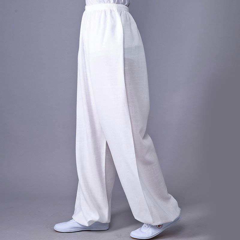 Pantalon d'été en coton et lin unisexe avec taille élastique et Buddha Stones pour la pratique du Tai Chi et du Qigong