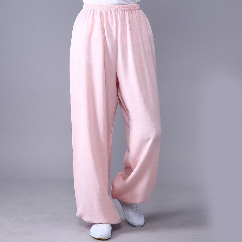 Pantalon d'été en coton et lin unisexe avec taille élastique et Buddha Stones pour la pratique du Tai Chi et du Qigong