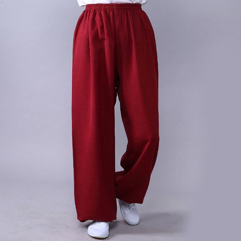 Pantalon d'été en coton et lin unisexe avec taille élastique et Buddha Stones pour la pratique du Tai Chi et du Qigong