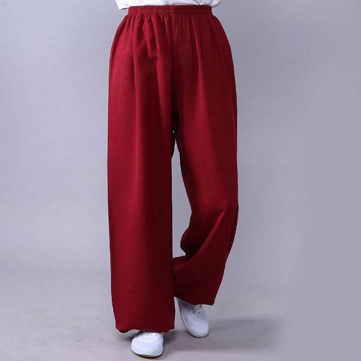 Pantalon d'été en coton et lin unisexe avec taille élastique et Buddha Stones pour la pratique du Tai Chi et du Qigong