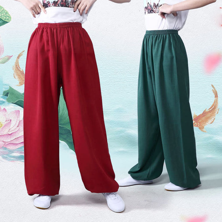 Pantalon d'été en coton et lin unisexe avec taille élastique et Buddha Stones pour la pratique du Tai Chi et du Qigong