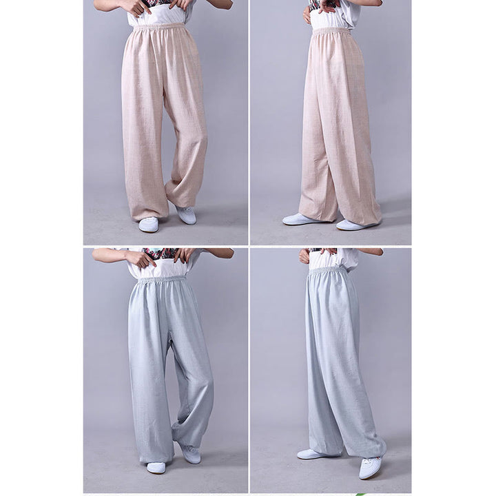 Pantalon d'été en coton et lin unisexe avec taille élastique et Buddha Stones pour la pratique du Tai Chi et du Qigong