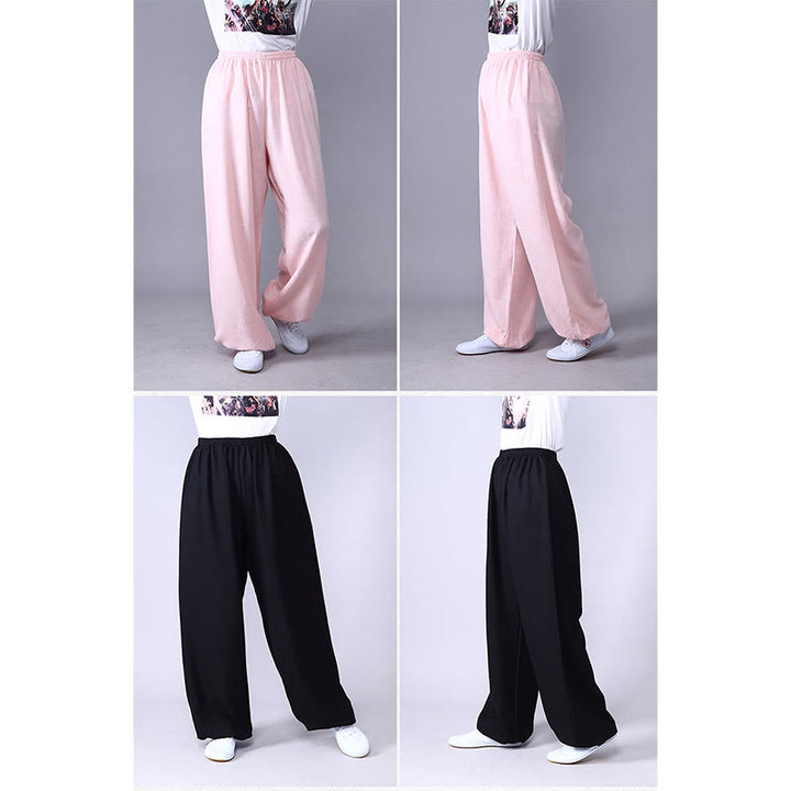 Pantalon d'été en coton et lin unisexe avec taille élastique et Buddha Stones pour la pratique du Tai Chi et du Qigong