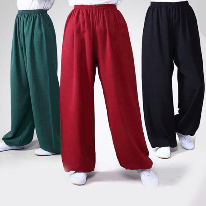 Pantalon d'été en coton et lin unisexe avec taille élastique et Buddha Stones pour la pratique du Tai Chi et du Qigong