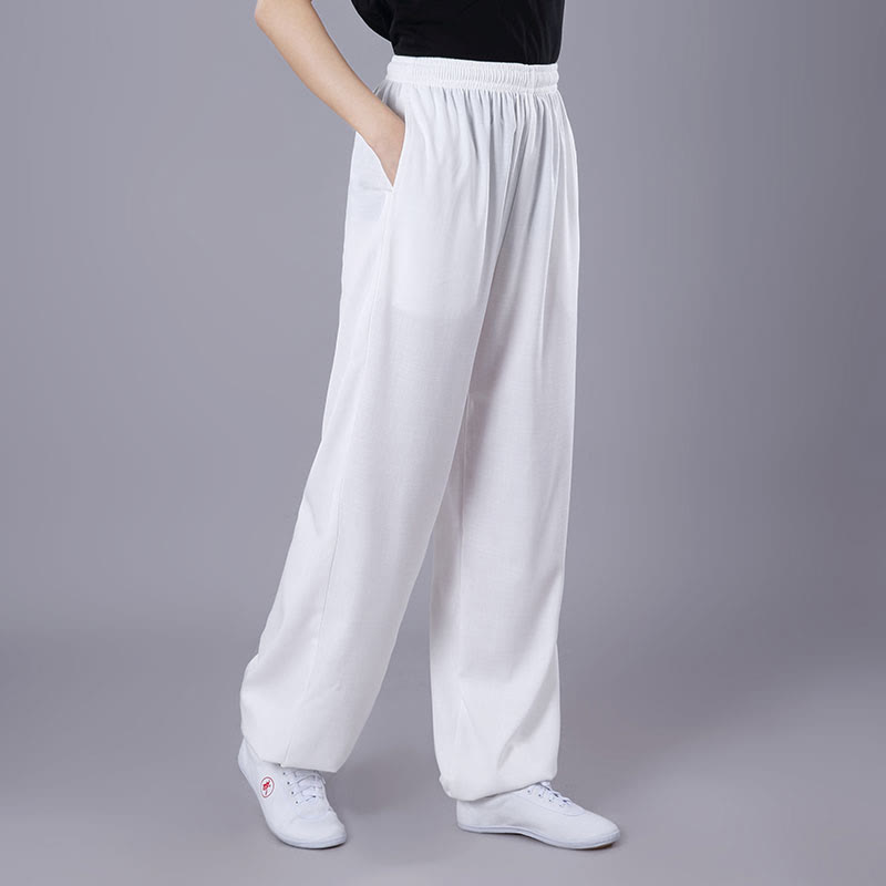 Pantalon Buddha Stones' été unisexe en coton et lin avec poches et taille élastique pour la pratique du Tai Chi et du Qigong - Blanc - 3XL- Convient aux tailles US/ UK/AU/ EU- 2XL - image 1